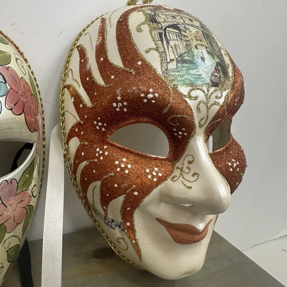 Lot Of 2 Venetian Mardi Gras Mask MASQUERADE CARNIVAL PARTY Floral Hand Painted